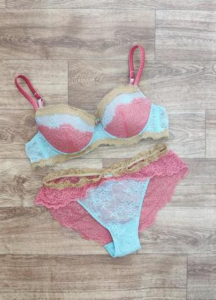 Бирюзово - коралловый сетевой комплект из лифа бралета и трусиков бразилиан intimissimi