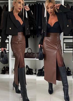 Черная и шоколад🤤 теплая юбка эко кожа на флисе!