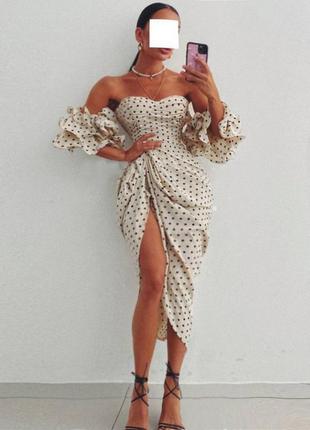 Распродажа платье prettylittlething миди горох каскадные рукава и драпировка5 фото