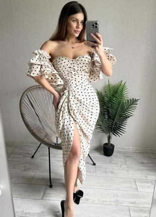Распродажа платье prettylittlething миди горох каскадные рукава и драпировка10 фото