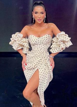 Распродажа платье prettylittlething миди горох каскадные рукава и драпировка8 фото