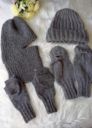 Балаклава вязаная трендовая шапка перчатки шапка 2в 1 шлем митенки