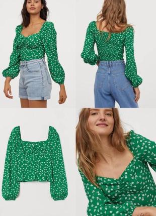 Топ с рукавами зеленый в цветочный принт h&m
