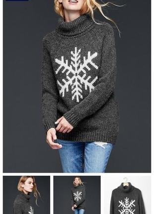 Серый новогодний праздничный свитер с снежинкой альпака шерсть