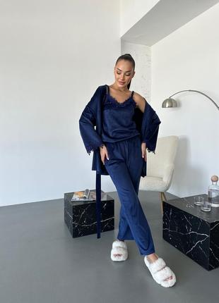 Christel 144 комплект четвёрка домашней одежды 4в1 халат майка шорты брюки синий