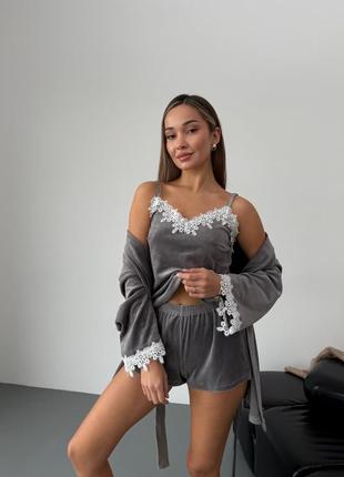 Christel 144 комплект четвёрка домашней одежды 4в1 халат майка шорты брюки серый