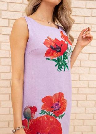 Короткое платье из льна, с цветами маки, цвет сиреневый, 172r019-15 фото