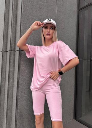 Женский розовый спортивный костюм с шортами4 фото