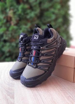 Зимние мужские кроссовки salomon speedcross khaki black winter fur саломон хаки с черными цветами мех