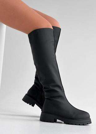 Черные женские зимние сапоги из натуральной кожи кожаные матовые сапоги из натуральной кожи