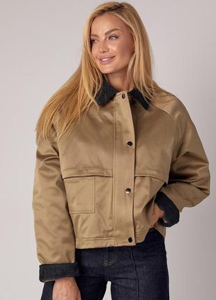 Демісезонна жіноча куртка з вельветовим коміром - хакі цвет, s (є розміри)