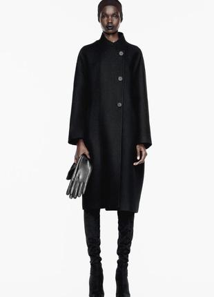 Двубортное черное пальто оверсайз из смесовой шерсти zara - s