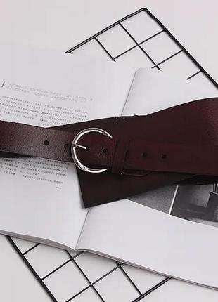 Ремень пасок женский кожаный широкий асимметричный коричневый
