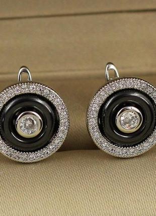 Серьги медсплав xuping jewelry пуговки с черной керамикой  1.3 см серебристые