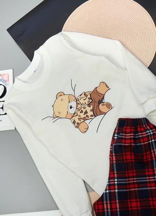 Піділткова піжама на байці, тепла піжама для дівчат, гарна піжама з ведмедиком, теплая пижама для девочки, ходаковская пижама теплая