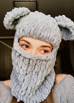 В'язана балаклава плюшева з вушками handmade