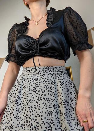 Топ черный атлас кружево блуза короткая кроп винтажная боварская l xl