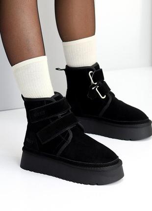 Трендовые молодежные черные угги на липучках натуральная замша