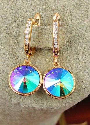 Сережки підвіски медичне золото xuping jewelry сваровські камінь у обідку фіолетові хамелеони 3 см золотисті