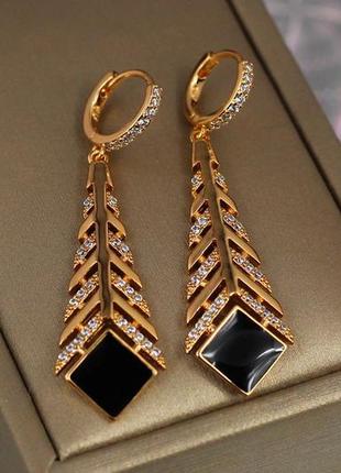 Сережки медичне золото xuping jewelry перо з чорним квадратом 4.5 см золотисті