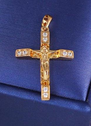 Хрестик xuping jewelry рівні краї з дрібним камінням 3 см золотистий