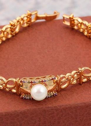Браслет xuping jewelry широкие резные звенья с жемчужиной посредине 19.5 см 13 мм золотистый