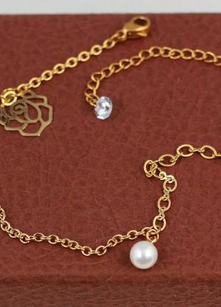 Браслет xuping jewelry на ногу з камінням і перлиною 26 см 2 мм золотистий