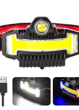 Налобный фонарик bailong bl-w685-lts+cob+rgb, 5 режимов, водостойкий, ударостойкий, usb кабель type-c|швидка