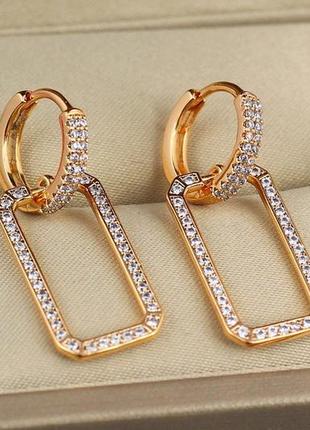 Серьги медзолото xuping jewelry прямоугольные ободки с камешками в колечках 3 см золотистые