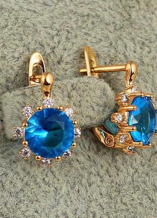 Серьги медзолото xuping jewelry солнышко с голубым камнем 1.5 см золотистые2 фото
