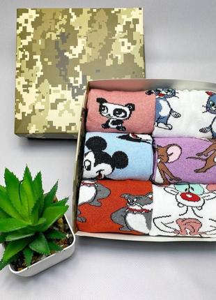 Бокс жіночих мультяшних шкарпеток 36-41 на 6 пар у подарунковій коробці|швидка доставка|