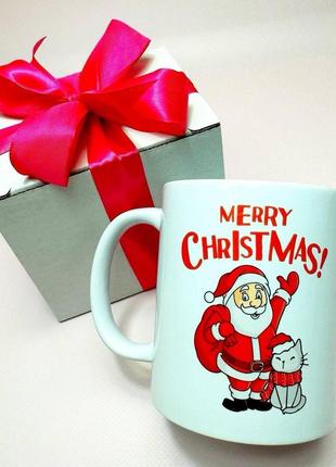 Кружка керамічна з принтом "merry christmas" 330 мл у подарунковій коробці з бантом|швидка доставка|