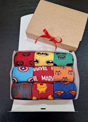 Бокс жіночих шкарпеток герої марвел 36-41 р на 9 пар в подарунковій коробці із стрічкою|швидка доставка|
