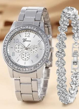 Жіночий кварцовий годинник geneva на металевому ремінці, набір годинник + браслет|швидка доставка|