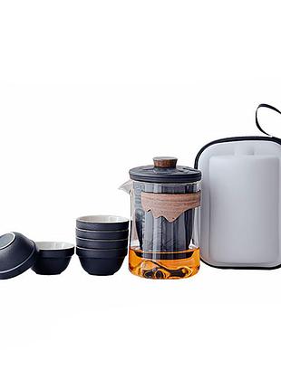 Дорожній чайний набір cx-3365 заварник + 6 піал із чохлом 310 ml скляний black|швидка доставка|