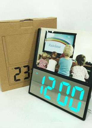 Электронные проводные настольные цифровые часы ds-6608 с фоторамкой, зелёная подсветка. цвет: черный|швидка