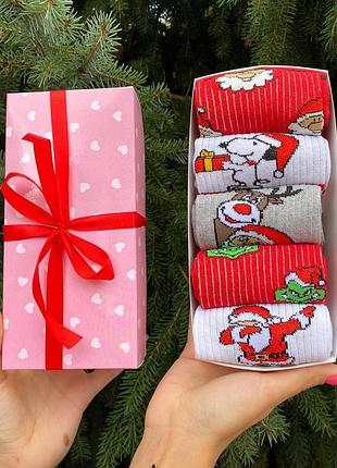 Набір жіночих новорічних шкарпеток 36-41 5 пар у подарунковій коробці|швидка доставка|