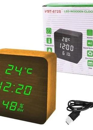 Электронные настольные часы-будильник с термометром, влажностью vst-872s-4 коричневые-зеленые|швидка доставка|