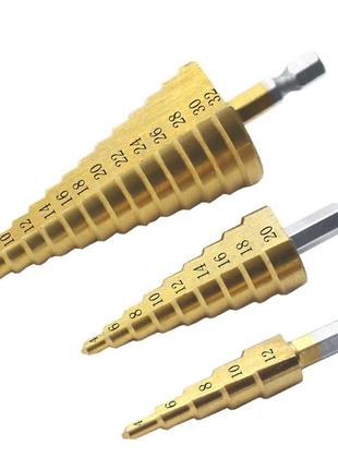 Конусні свердла 4-32 мм, 3 шт. набір. ступінчасті свердла (hss) з титановим покриттям|швидка доставка|