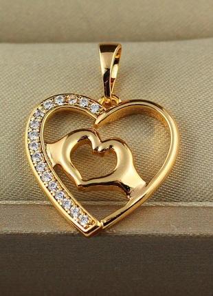 Кулон медичне золото xuping jewelry подвійне серце 2 см ширина 1.7 см