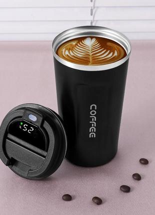 Термокружка coffee  с датчиком температуры 380 мл черная