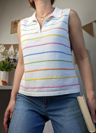 Майка топ поло в смужку футболка з коміром біла м бавовна веселка