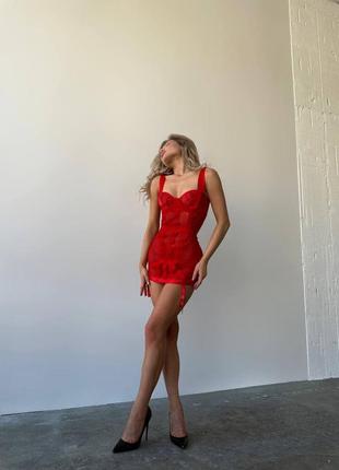 Спокуслива бандажна червона сукня із сіточки в комплекті з трусиками6 фото