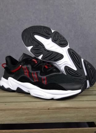 Мужские качественные и стильные кроссовки adidas ozweego черные с красным