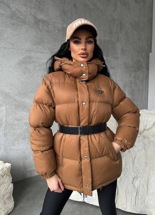 Куртка пуховик в стиле prada с капюшоном поясом шоколад черная зима