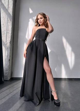 Женское изысканное нарядное вечернее черное длинное платье с разрезом на выпускной5 фото