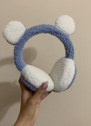 Голубые синие мягкие пушистые наушники с ушками от ветра