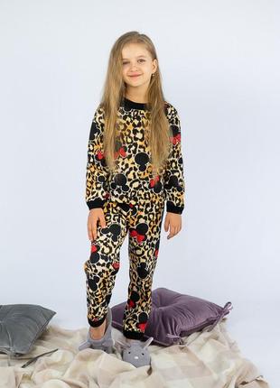 Утепленная пижама с начесом, теплая розовая пижама с начесом леопардовая