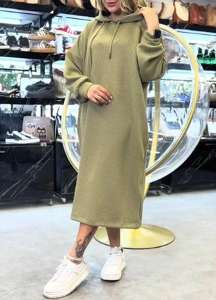 Теплое платье- туника с капюшоном рубчик с начесом 4 цвета 42-46,48-52 : sin826-839aве