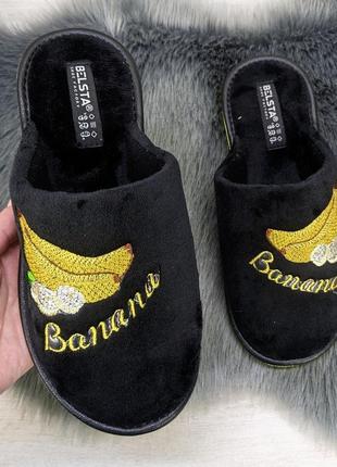 Тапочки женские велюровые с закрытым носком белста чёрные с бананом 2785